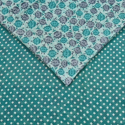 Indian Vintage Sari Green & White Printed Pure Cotton Sarees 5Yd Craft Fabric Soft Sewing Sarong Wrap Boho Upcycle quilting Dress making