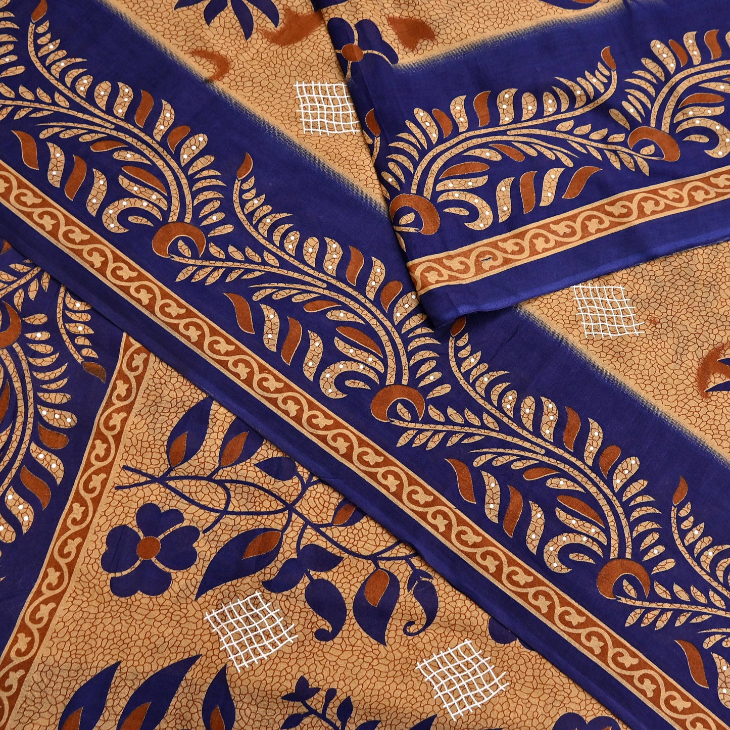 Indian Vintage Sari Blue & Beige Printed Pure Cotton Sarees Craft Fabric 5Yd Soft Sewing Sarong Wrap Boho Floral Quilting Dress making