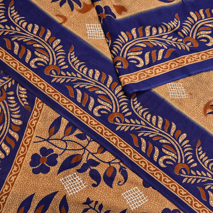 Indian Vintage Sari Blue & Beige Printed Pure Cotton Sarees Craft Fabric 5Yd Soft Sewing Sarong Wrap Boho Floral Quilting Dress making