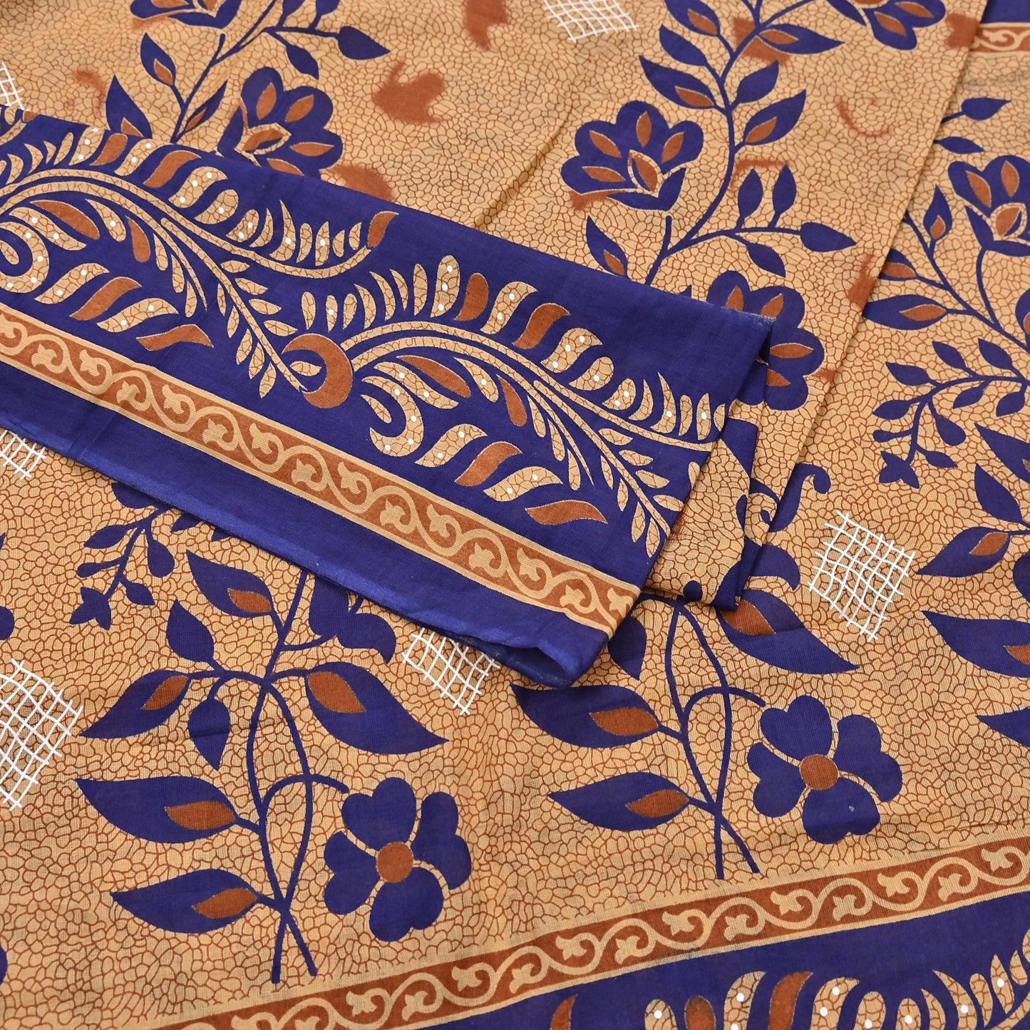 Indian Vintage Sari Blue & Beige Printed Pure Cotton Sarees Craft Fabric 5Yd Soft Sewing Sarong Wrap Boho Floral Quilting Dress making
