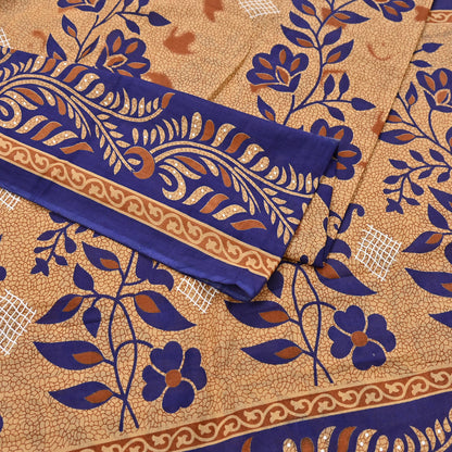 Indian Vintage Sari Blue & Beige Printed Pure Cotton Sarees Craft Fabric 5Yd Soft Sewing Sarong Wrap Boho Floral Quilting Dress making