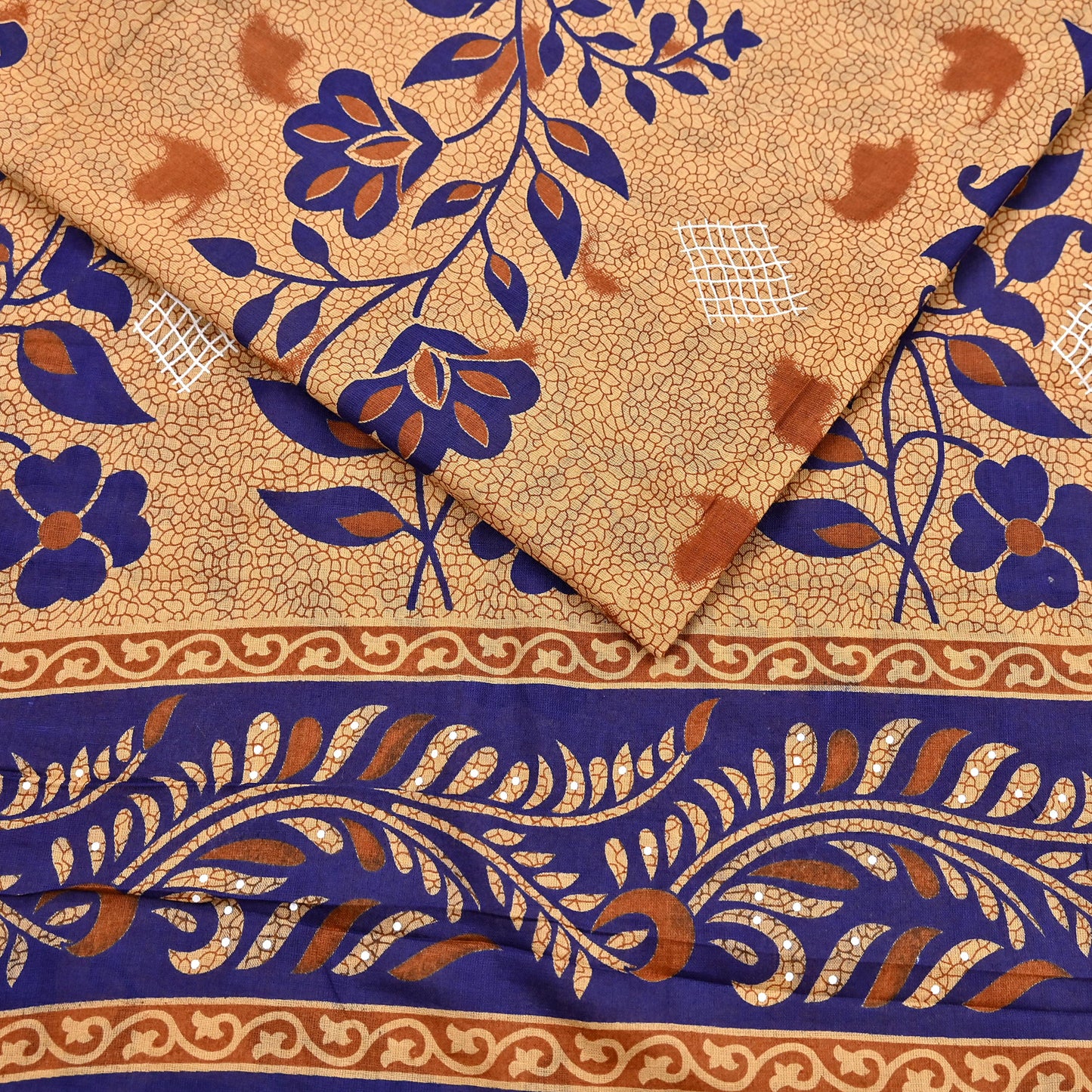 Indian Vintage Sari Blue & Beige Printed Pure Cotton Sarees Craft Fabric 5Yd Soft Sewing Sarong Wrap Boho Floral Quilting Dress making