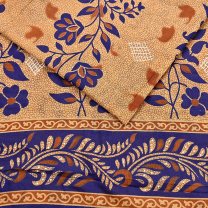 Indian Vintage Sari Blue & Beige Printed Pure Cotton Sarees Craft Fabric 5Yd Soft Sewing Sarong Wrap Boho Floral Quilting Dress making