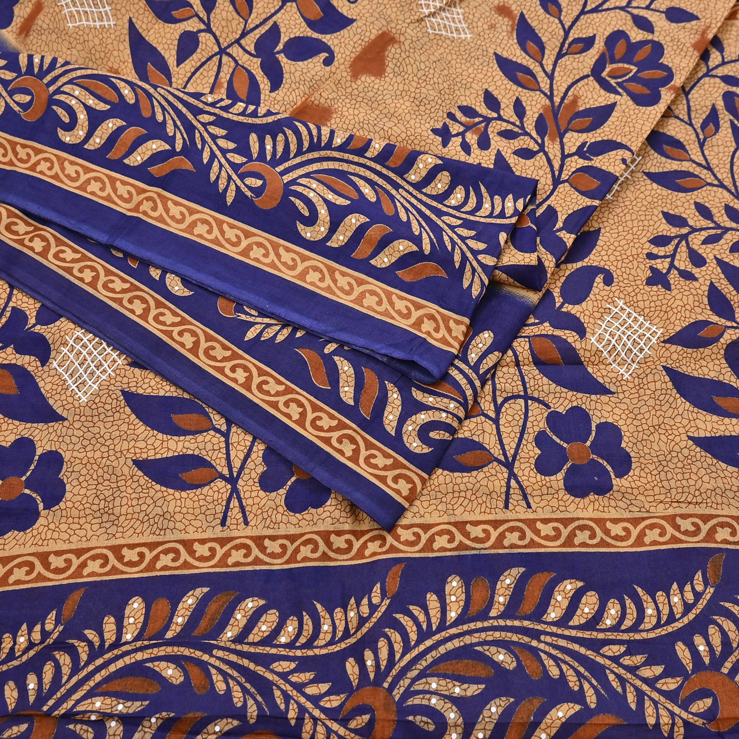 Indian Vintage Sari Blue & Beige Printed Pure Cotton Sarees Craft Fabric 5Yd Soft Sewing Sarong Wrap Boho Floral Quilting Dress making