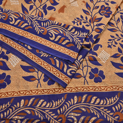 Indian Vintage Sari Blue & Beige Printed Pure Cotton Sarees Craft Fabric 5Yd Soft Sewing Sarong Wrap Boho Floral Quilting Dress making