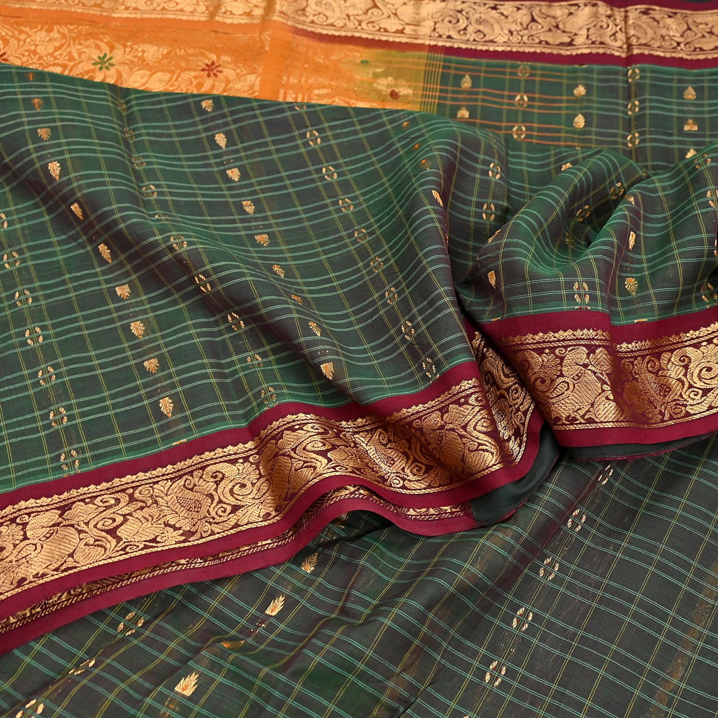 Indian Vintage Sari Green & Mustard Pure Cotton Hand Woven Sarees Craft Fabric 5yd Ethnic Crafting Quilting Dress Making Quilting Upcycle