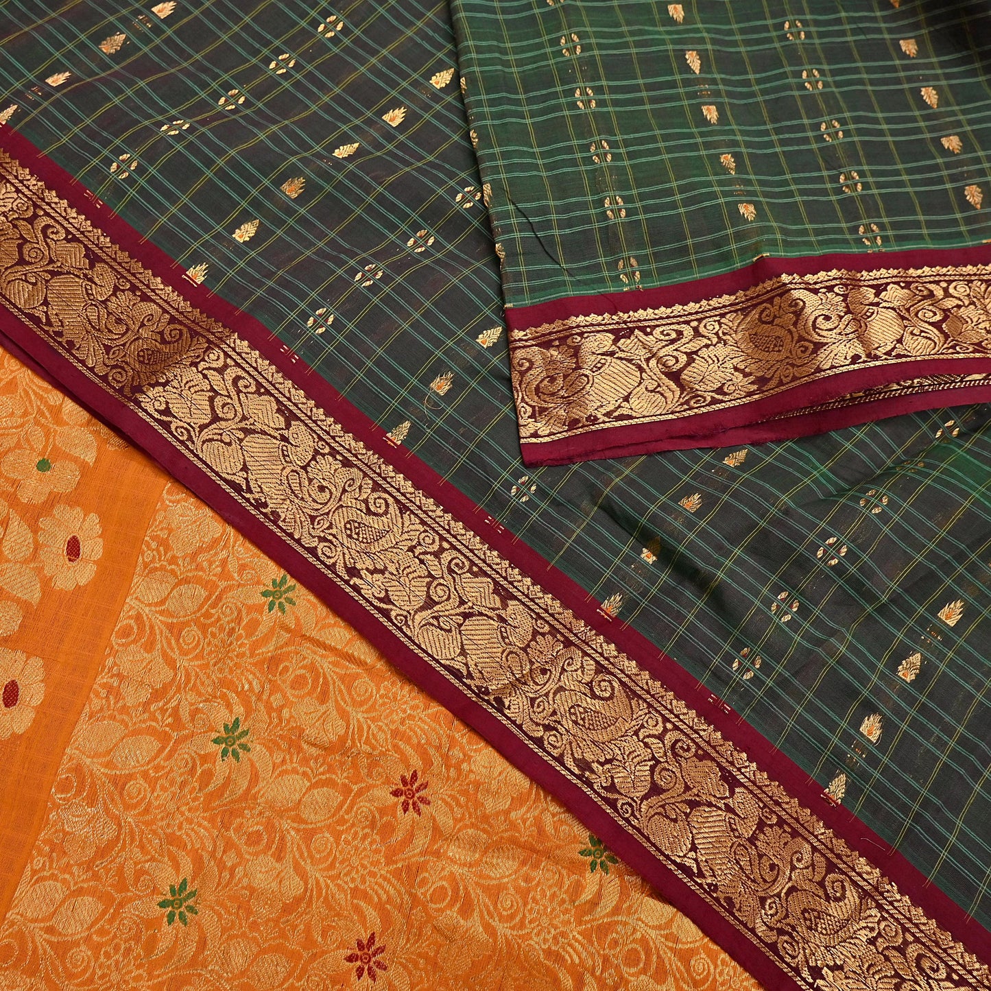 Indian Vintage Sari Green & Mustard Pure Cotton Hand Woven Sarees Craft Fabric 5yd Ethnic Crafting Quilting Dress Making Quilting Upcycle
