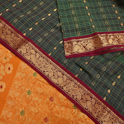 Indian Vintage Sari Green & Mustard Pure Cotton Hand Woven Sarees Craft Fabric 5yd Ethnic Crafting Quilting Dress Making Quilting Upcycle