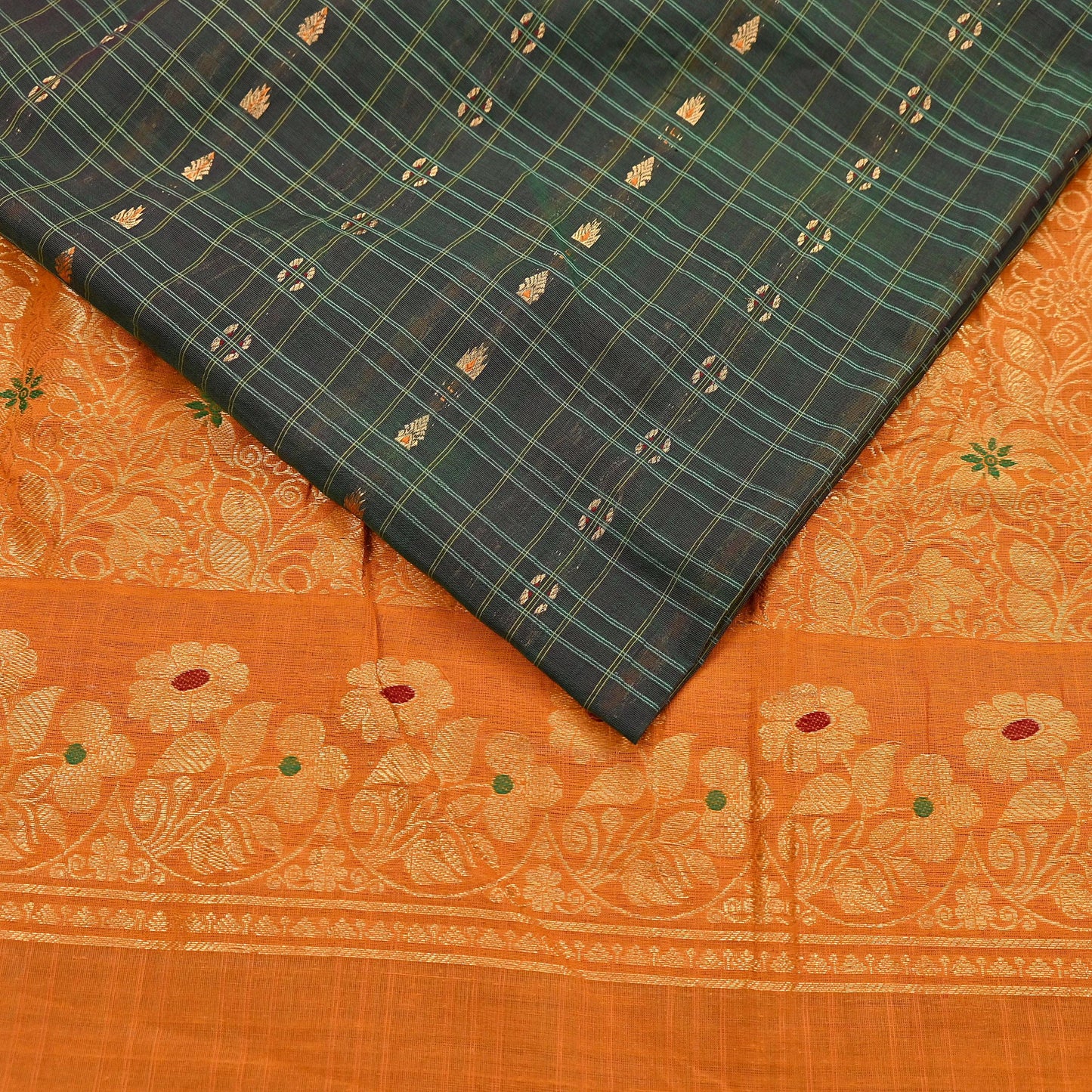 Indian Vintage Sari Green & Mustard Pure Cotton Hand Woven Sarees Craft Fabric 5yd Ethnic Crafting Quilting Dress Making Quilting Upcycle