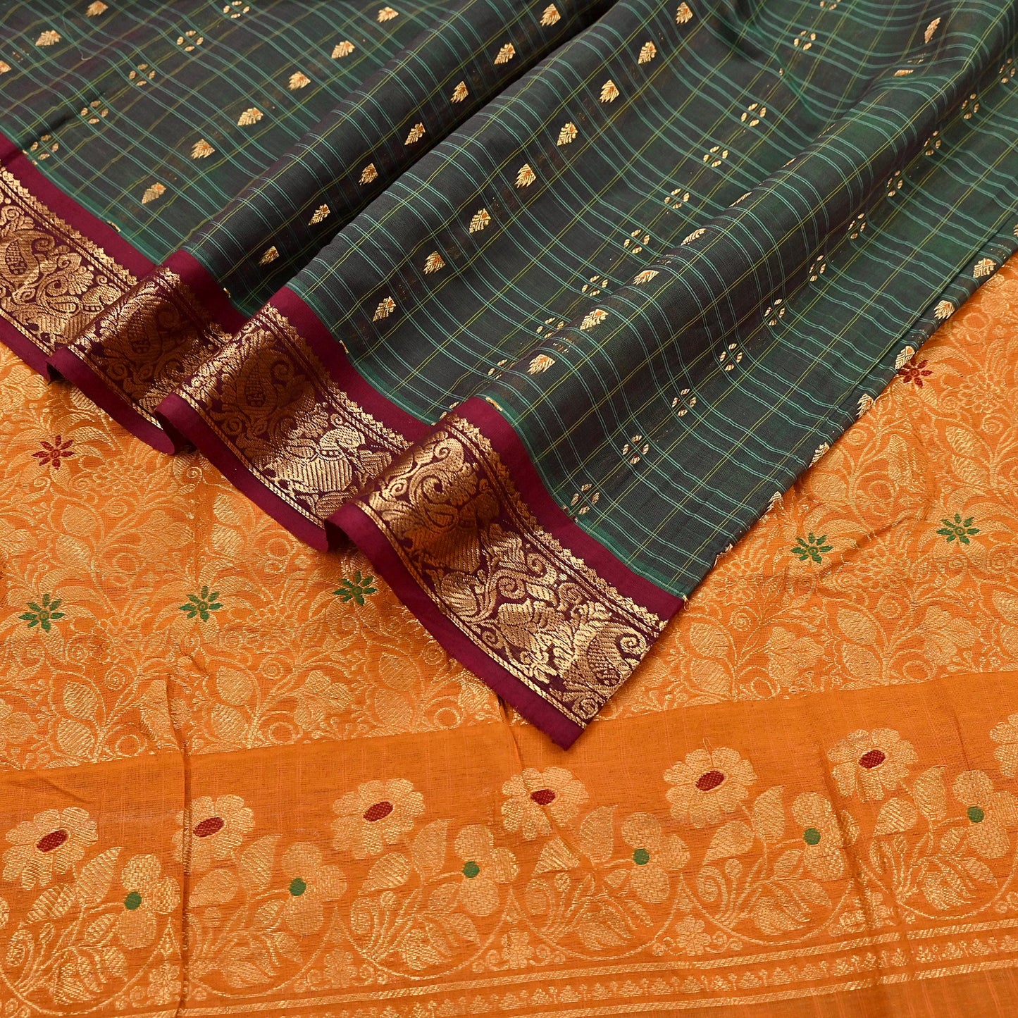 Indian Vintage Sari Green & Mustard Pure Cotton Hand Woven Sarees Craft Fabric 5yd Ethnic Crafting Quilting Dress Making Quilting Upcycle