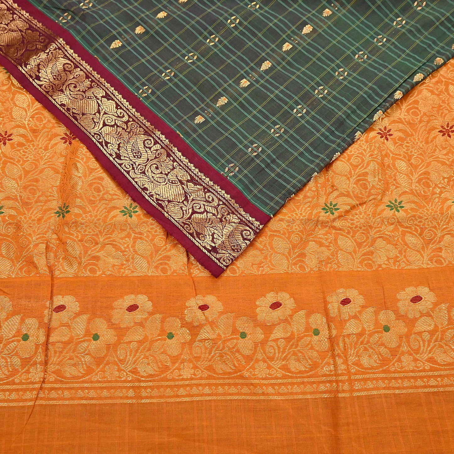 Indian Vintage Sari Green & Mustard Pure Cotton Hand Woven Sarees Craft Fabric 5yd Ethnic Crafting Quilting Dress Making Quilting Upcycle