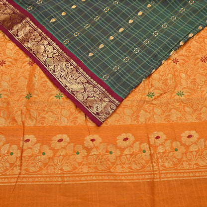 Indian Vintage Sari Green & Mustard Pure Cotton Hand Woven Sarees Craft Fabric 5yd Ethnic Crafting Quilting Dress Making Quilting Upcycle