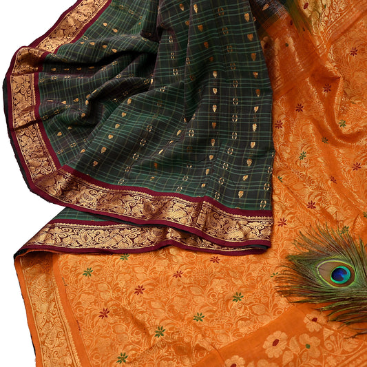 Indian Vintage Sari Green & Mustard Pure Cotton Hand Woven Sarees Craft Fabric 5yd Ethnic Crafting Quilting Dress Making Quilting Upcycle