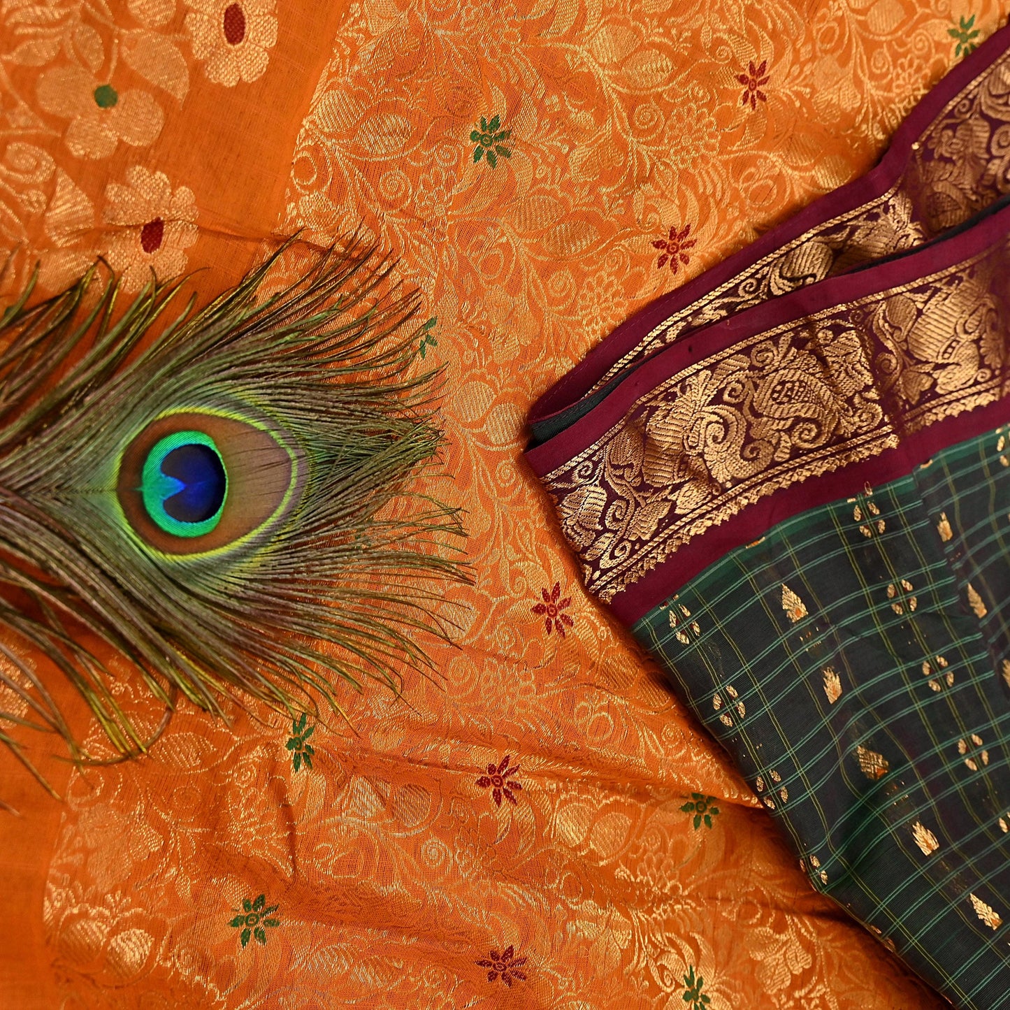 Indian Vintage Sari Green & Mustard Pure Cotton Hand Woven Sarees Craft Fabric 5yd Ethnic Crafting Quilting Dress Making Quilting Upcycle