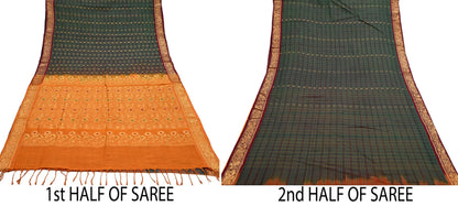 Indian Vintage Sari Green & Mustard Pure Cotton Hand Woven Sarees Craft Fabric 5yd Ethnic Crafting Quilting Dress Making Quilting Upcycle
