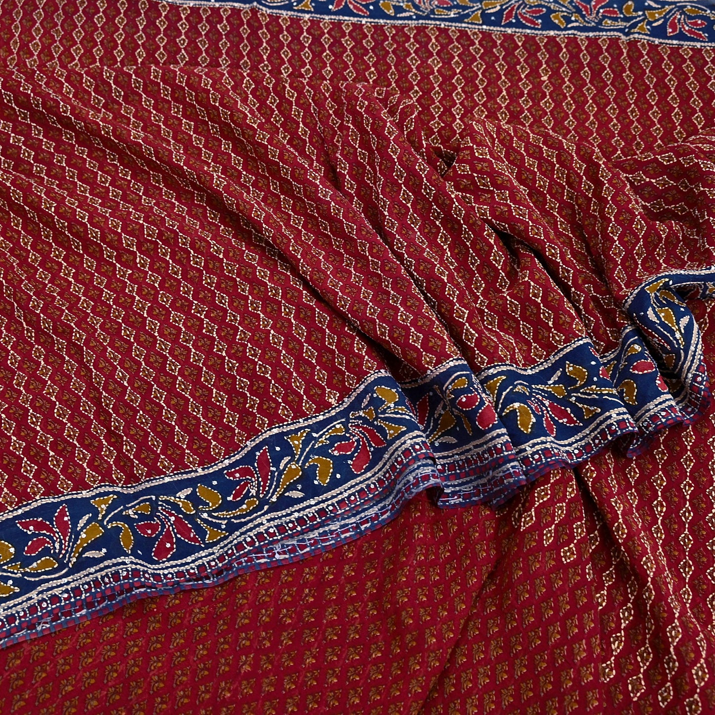 Indian Vintage Maroon & Blue Saree Pure Georgette Silk Hand Embroidered Kantha Sari Craft Fabric 5yd Sewing Floral Soft Sequins Dress making