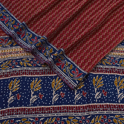 Indian Vintage Maroon & Blue Saree Pure Georgette Silk Hand Embroidered Kantha Sari Craft Fabric 5yd Sewing Floral Soft Sequins Dress making