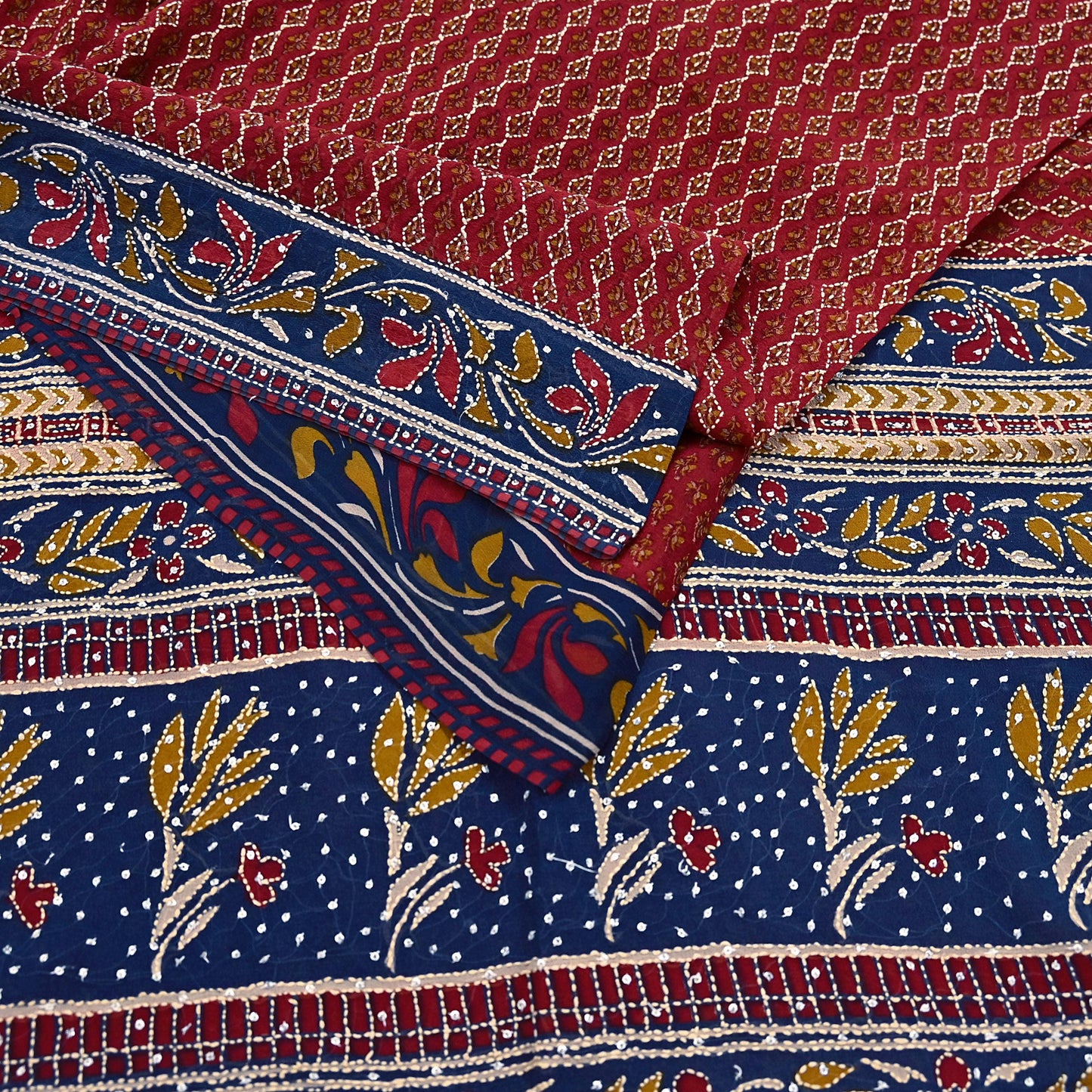 Indian Vintage Maroon & Blue Saree Pure Georgette Silk Hand Embroidered Kantha Sari Craft Fabric 5yd Sewing Floral Soft Sequins Dress making