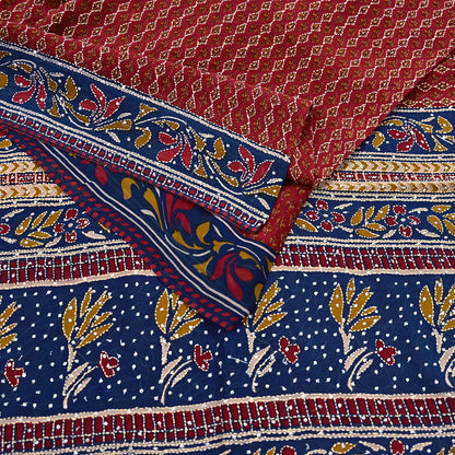 Indian Vintage Maroon & Blue Saree Pure Georgette Silk Hand Embroidered Kantha Sari Craft Fabric 5yd Sewing Floral Soft Sequins Dress making