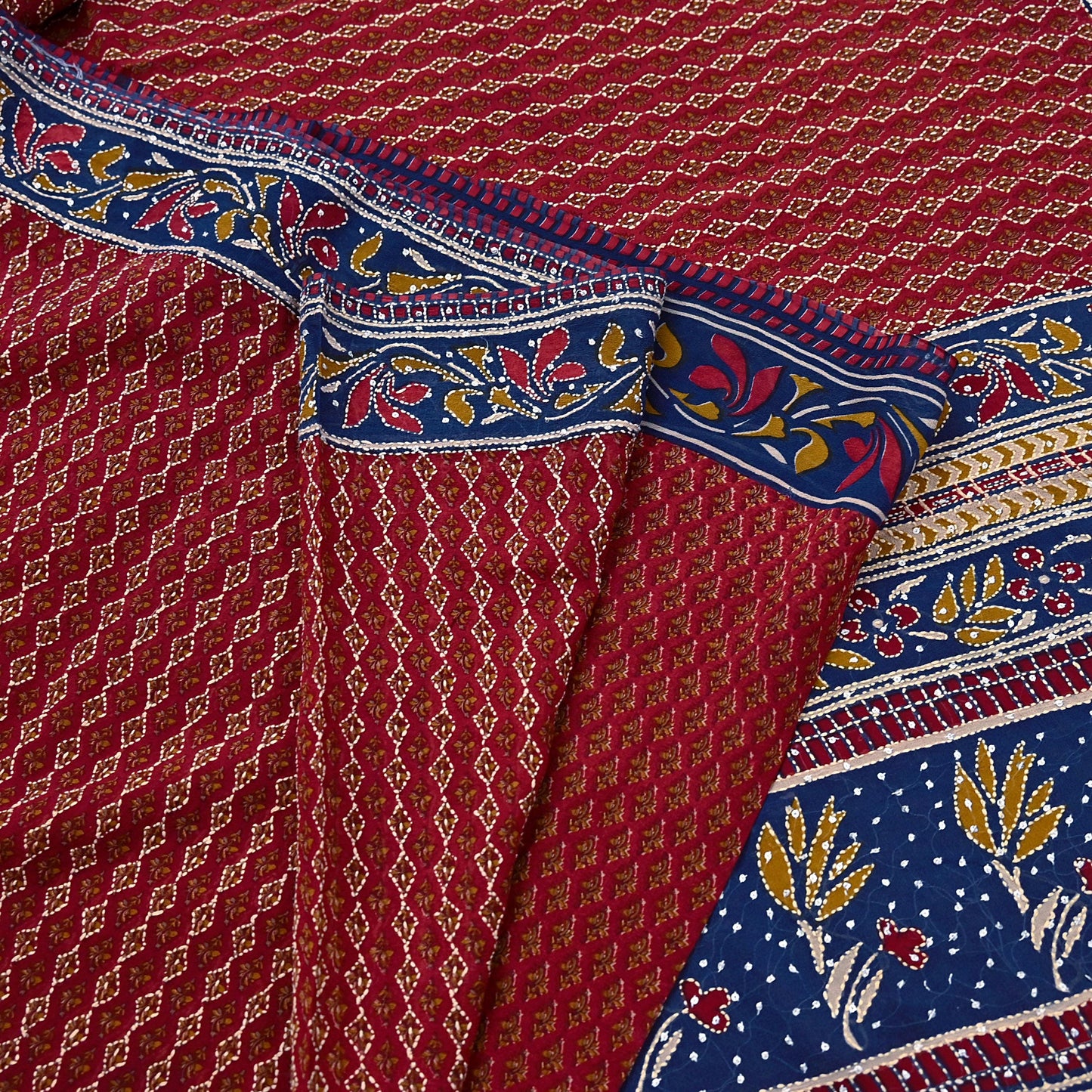 Indian Vintage Maroon & Blue Saree Pure Georgette Silk Hand Embroidered Kantha Sari Craft Fabric 5yd Sewing Floral Soft Sequins Dress making