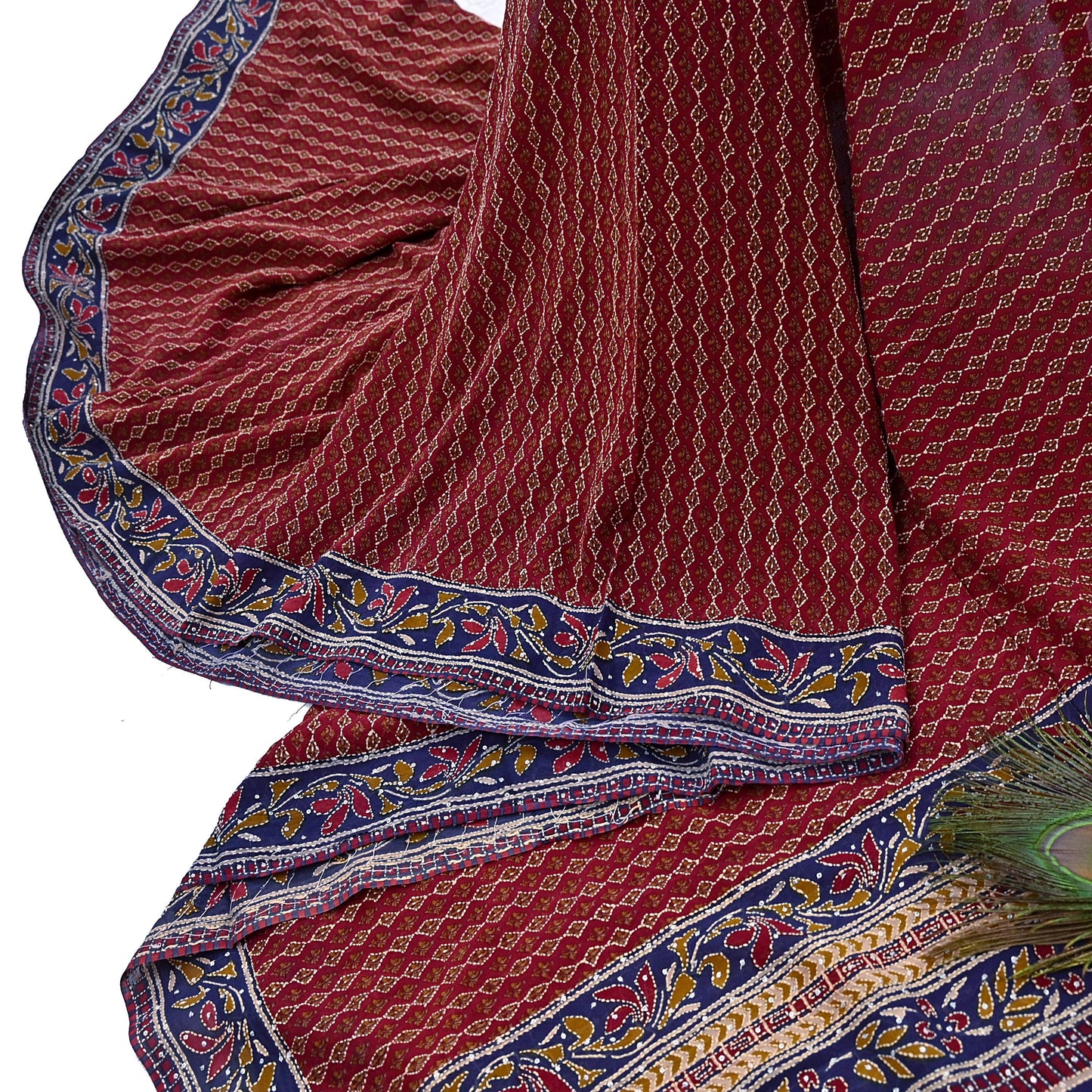 Indian Vintage Maroon & Blue Saree Pure Georgette Silk Hand Embroidered Kantha Sari Craft Fabric 5yd Sewing Floral Soft Sequins Dress making