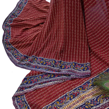 Indian Vintage Maroon & Blue Saree Pure Georgette Silk Hand Embroidered Kantha Sari Craft Fabric 5yd Sewing Floral Soft Sequins Dress making