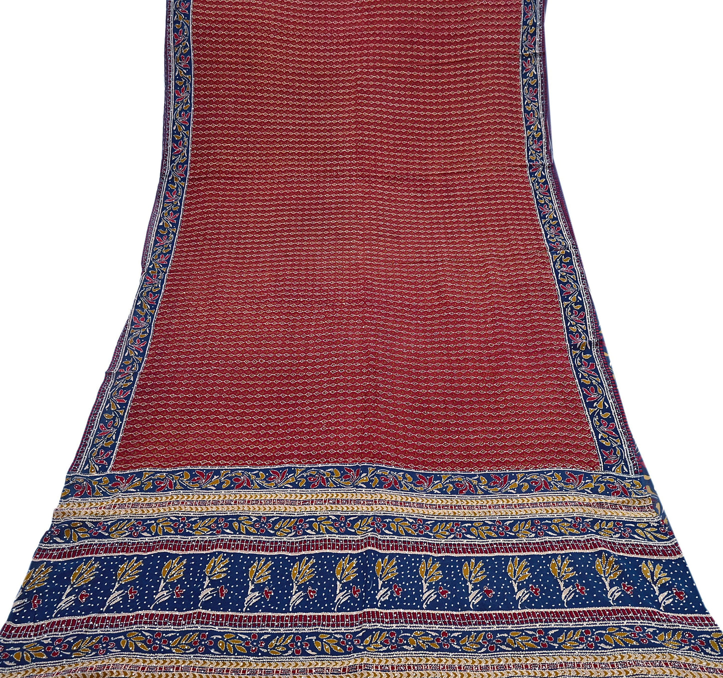 Indian Vintage Maroon & Blue Saree Pure Georgette Silk Hand Embroidered Kantha Sari Craft Fabric 5yd Sewing Floral Soft Sequins Dress making