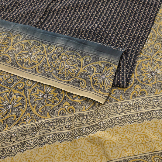 Vintage Black & Green Pure Crepe Silk Saree Hand Embroidered Floral Fabric 5Yds Indian Dressmaking, Quilting Christmas Craft Material