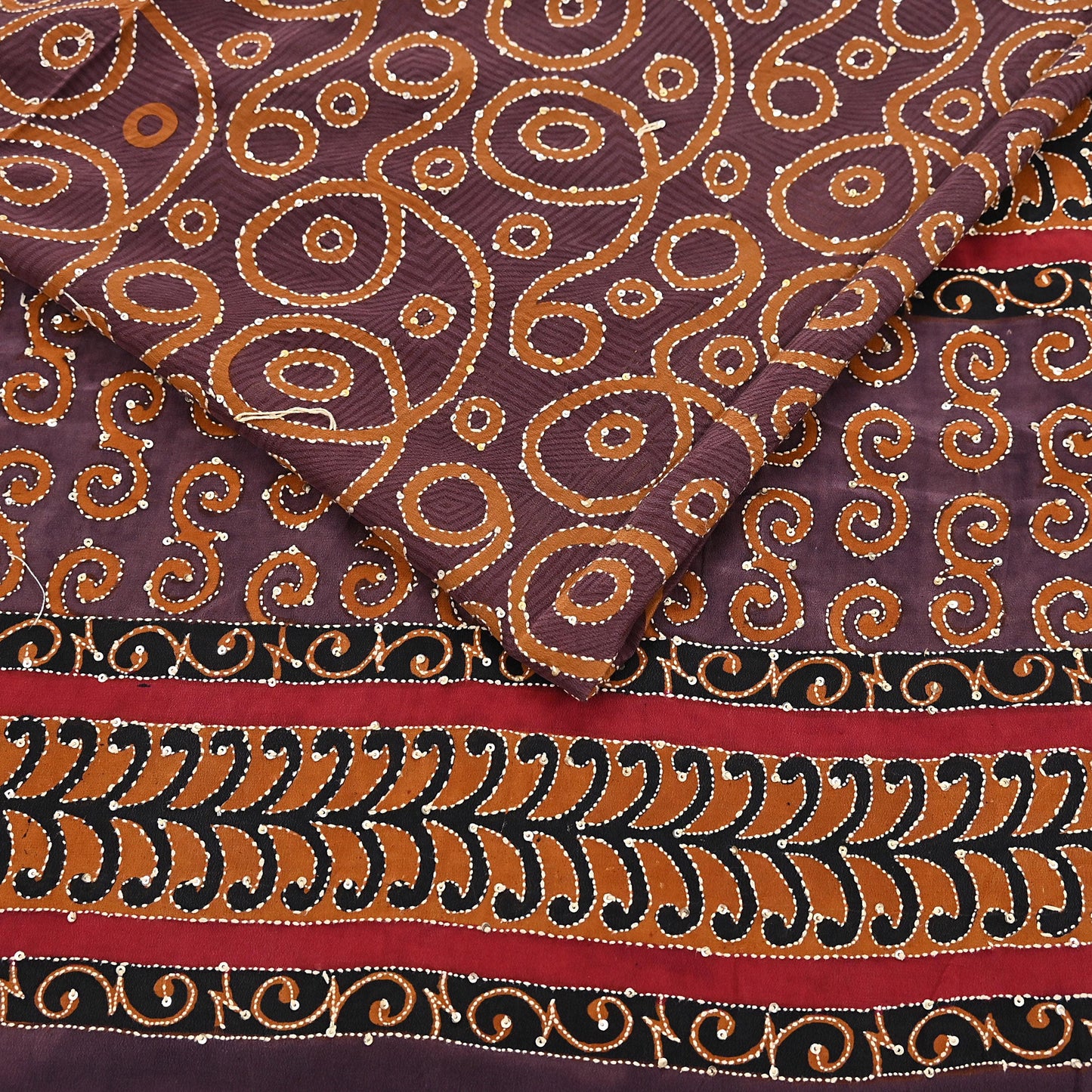 Indian Vintage Sari Brown Pure Crepe Silk Hand Embroidered Kantha Saree 5yd Craft Fabric Sewing Floral Soft Dress making Crafting