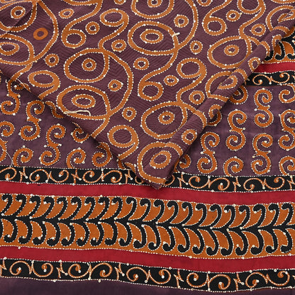 Indian Vintage Sari Brown Pure Crepe Silk Hand Embroidered Kantha Saree 5yd Craft Fabric Sewing Floral Soft Dress making Crafting