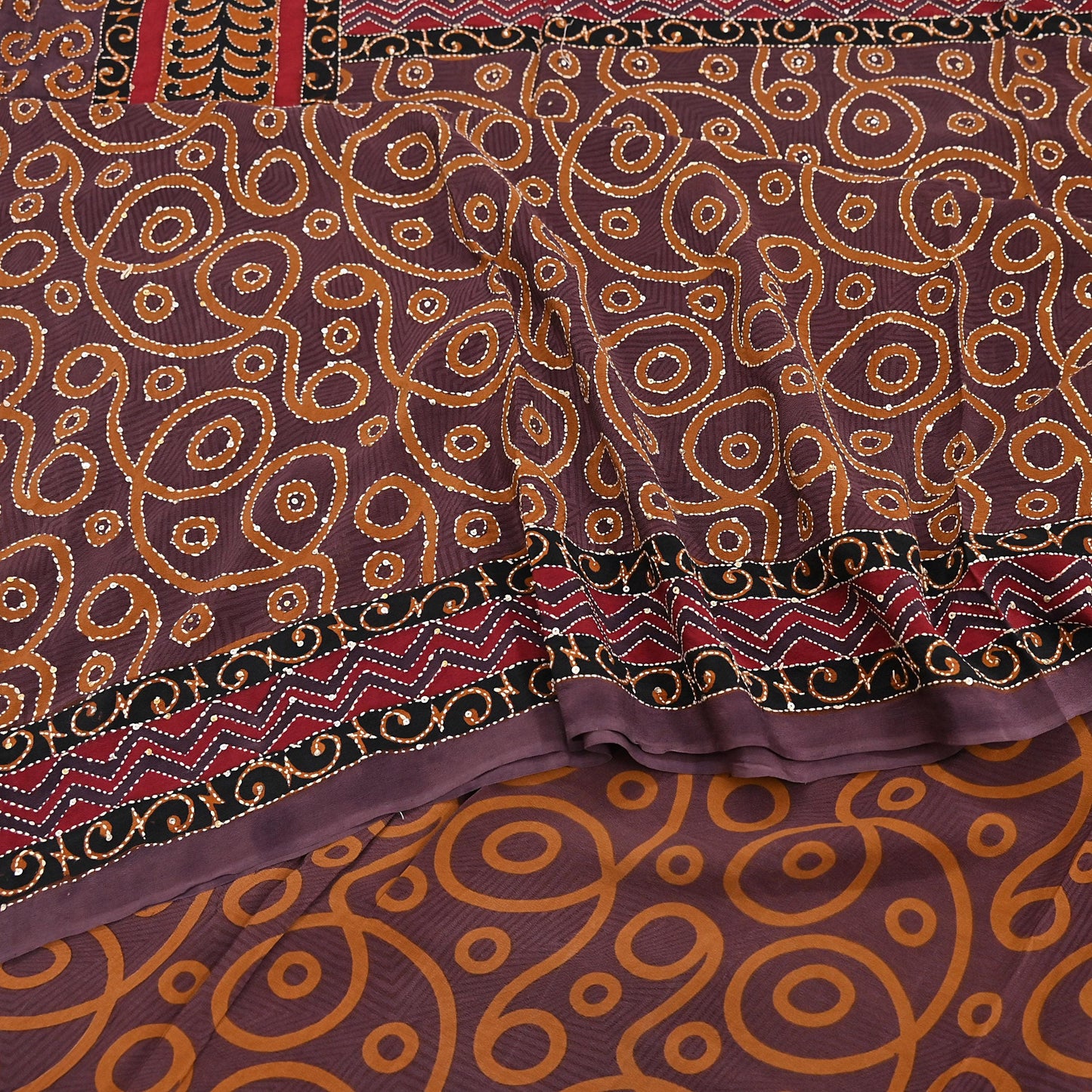 Indian Vintage Sari Brown Pure Crepe Silk Hand Embroidered Kantha Saree 5yd Craft Fabric Sewing Floral Soft Dress making Crafting