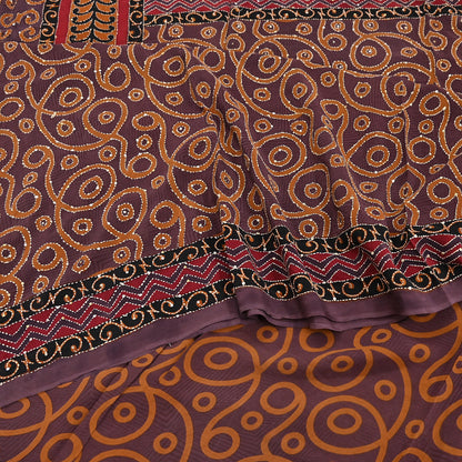 Indian Vintage Sari Brown Pure Crepe Silk Hand Embroidered Kantha Saree 5yd Craft Fabric Sewing Floral Soft Dress making Crafting