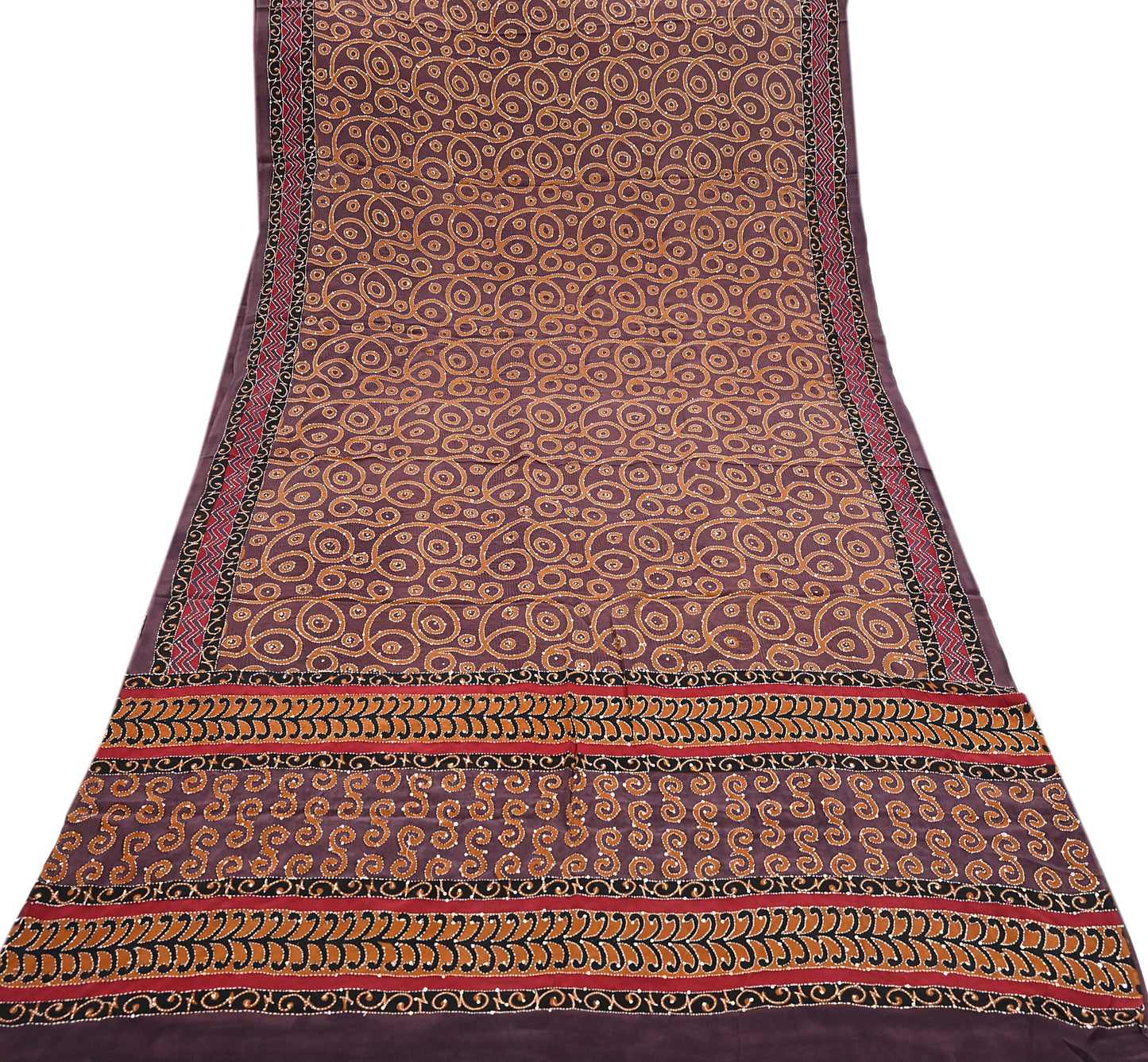 Indian Vintage Sari Brown Pure Crepe Silk Hand Embroidered Kantha Saree 5yd Craft Fabric Sewing Floral Soft Dress making Crafting