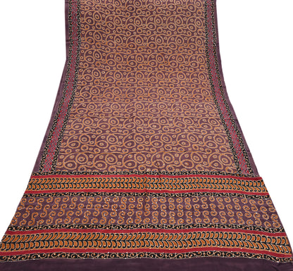 Indian Vintage Sari Brown Pure Crepe Silk Hand Embroidered Kantha Saree 5yd Craft Fabric Sewing Floral Soft Dress making Crafting
