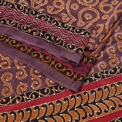 Indian Vintage Sari Brown Pure Crepe Silk Hand Embroidered Kantha Saree 5yd Craft Fabric Sewing Floral Soft Dress making Crafting