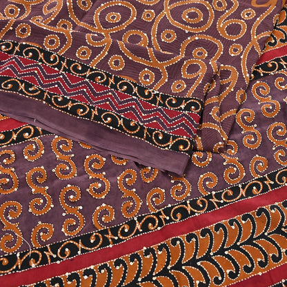 Indian Vintage Sari Brown Pure Crepe Silk Hand Embroidered Kantha Saree 5yd Craft Fabric Sewing Floral Soft Dress making Crafting