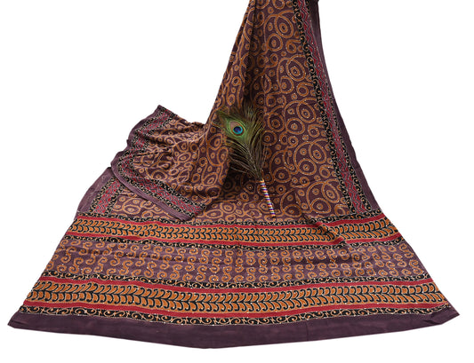 Indian Vintage Sari Brown Pure Crepe Silk Hand Embroidered Kantha Saree 5yd Craft Fabric Sewing Floral Soft Dress making Crafting