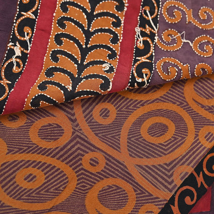Indian Vintage Sari Brown Pure Crepe Silk Hand Embroidered Kantha Saree 5yd Craft Fabric Sewing Floral Soft Dress making Crafting