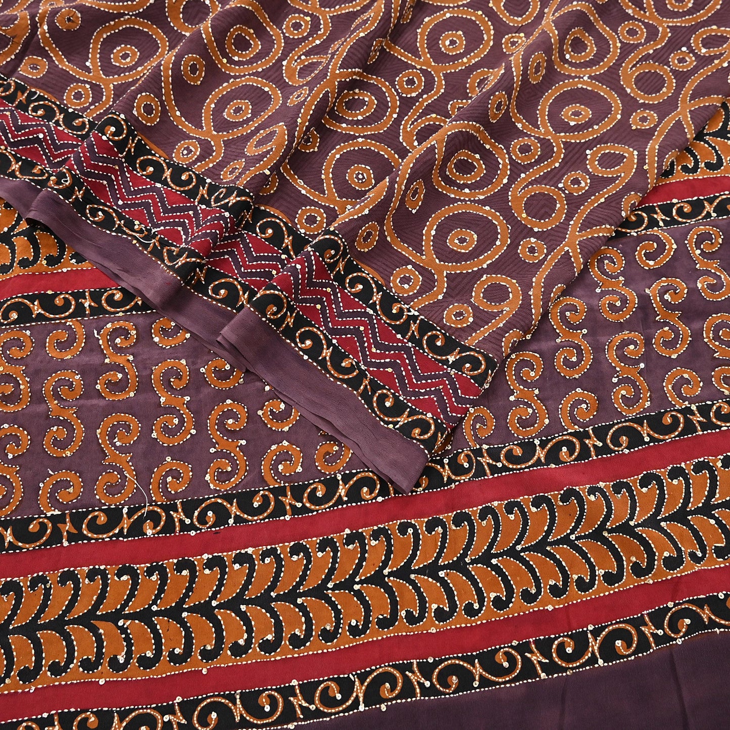 Indian Vintage Sari Brown Pure Crepe Silk Hand Embroidered Kantha Saree 5yd Craft Fabric Sewing Floral Soft Dress making Crafting