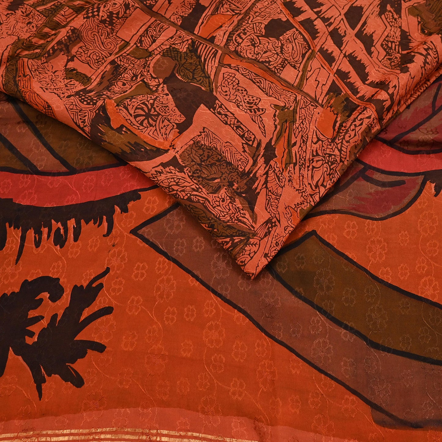 Indian Vintage Sari Orange 100% Pure Silk Printed Sarees 5yd Sewing Craft Fabric Zari Dress Making Soft Wrap Quilting Used Crafting Upcycle