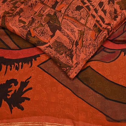 Indian Vintage Sari Orange 100% Pure Silk Printed Sarees 5yd Sewing Craft Fabric Zari Dress Making Soft Wrap Quilting Used Crafting Upcycle