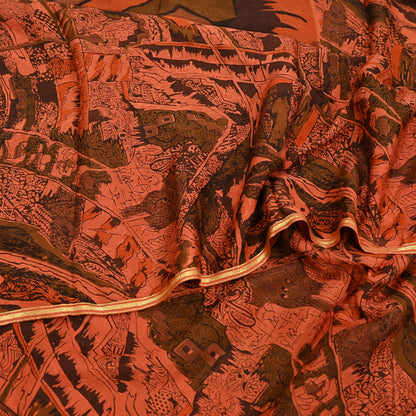 Indian Vintage Sari Orange 100% Pure Silk Printed Sarees 5yd Sewing Craft Fabric Zari Dress Making Soft Wrap Quilting Used Crafting Upcycle