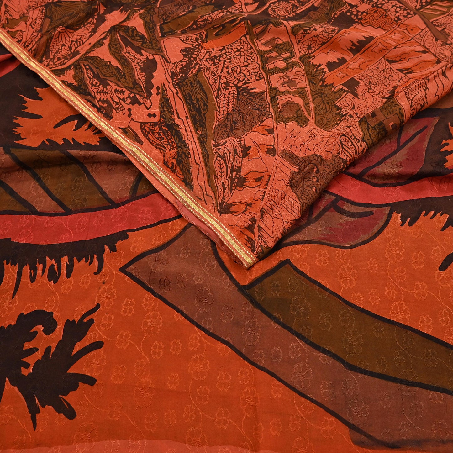 Indian Vintage Sari Orange 100% Pure Silk Printed Sarees 5yd Sewing Craft Fabric Zari Dress Making Soft Wrap Quilting Used Crafting Upcycle