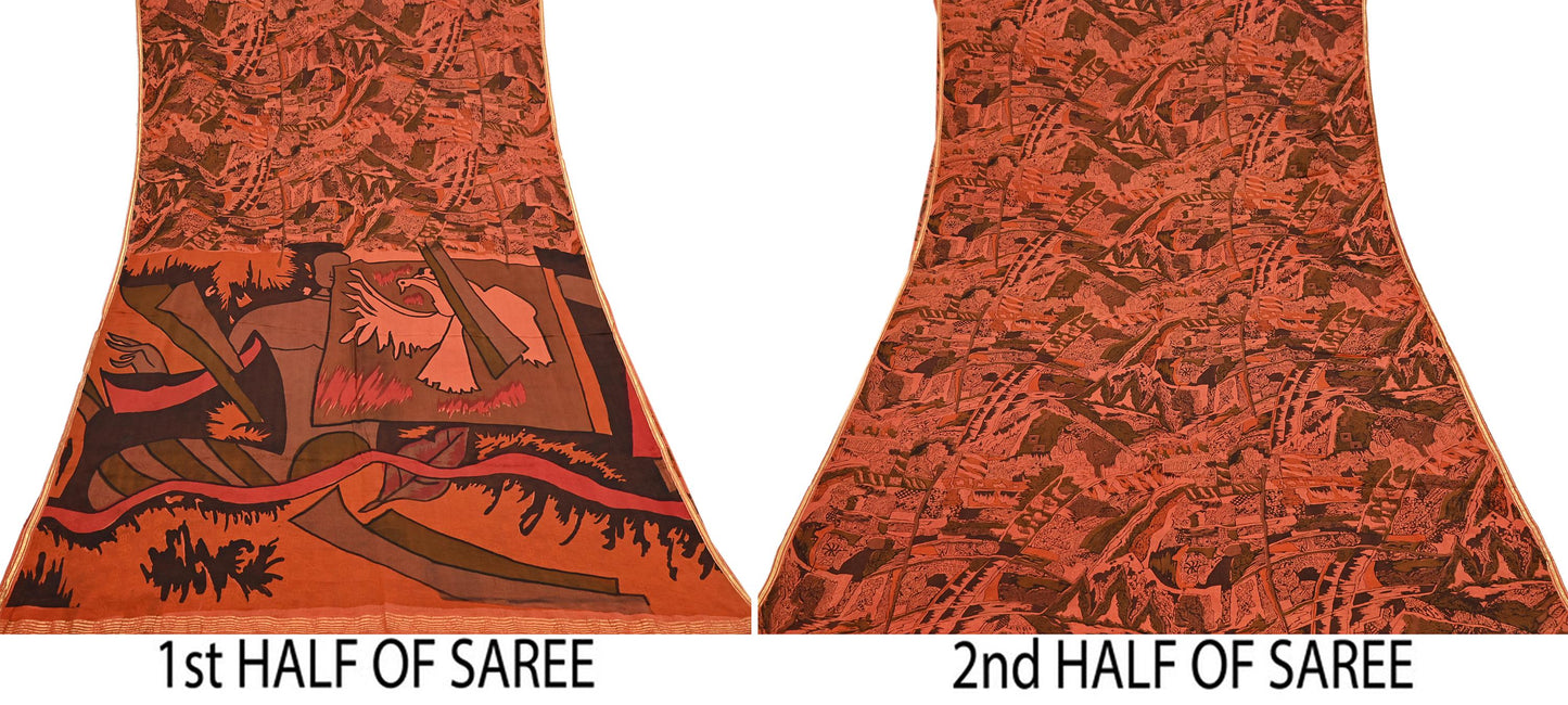 Indian Vintage Sari Orange 100% Pure Silk Printed Sarees 5yd Sewing Craft Fabric Zari Dress Making Soft Wrap Quilting Used Crafting Upcycle