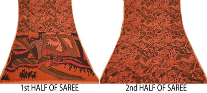 Indian Vintage Sari Orange 100% Pure Silk Printed Sarees 5yd Sewing Craft Fabric Zari Dress Making Soft Wrap Quilting Used Crafting Upcycle