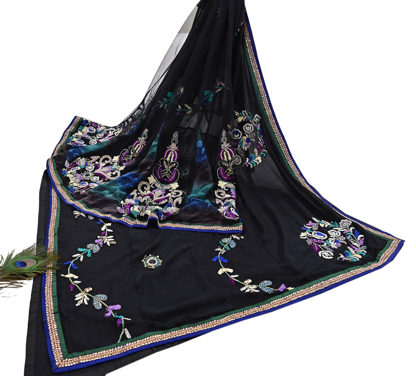 Indian VIntage Black Net Lehenga Saree Designer Manish Malhotra Style Zardozi mukesh Zari Wedding Sari, Ethnic Bridal Wear 6yard