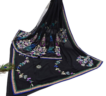 Indian VIntage Black Net Lehenga Saree Designer Manish Malhotra Style Zardozi mukesh Zari Wedding Sari, Ethnic Bridal Wear 6yard
