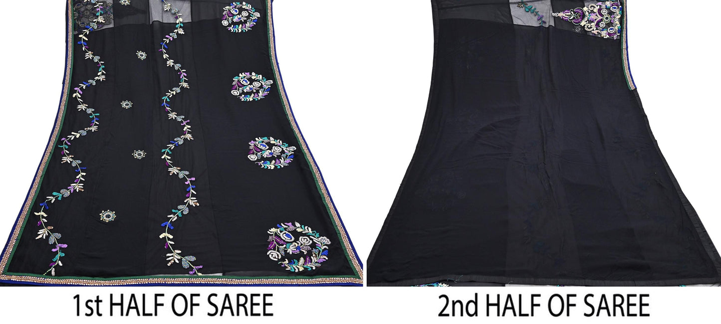 Indian VIntage Black Net Lehenga Saree Designer Manish Malhotra Style Zardozi mukesh Zari Wedding Sari, Ethnic Bridal Wear 6yard