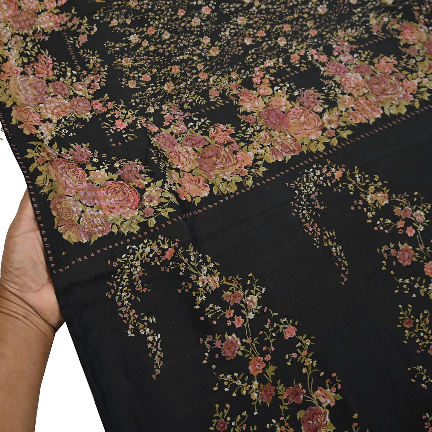 Indian Vintage Sari Black Printed Pure Silk Sarees Craft Fabric 5yd Sewing Floral Soft Dress Designing  for Crafting Quilting Upcycle Wrap