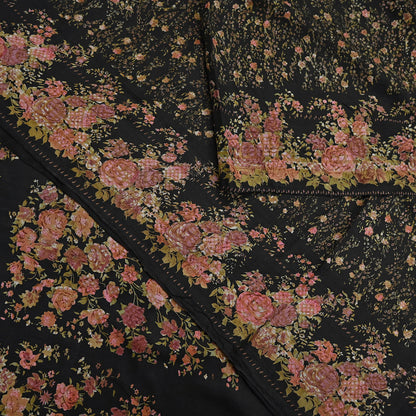 Indian Vintage Sari Black Printed Pure Silk Sarees Craft Fabric 5yd Sewing Floral Soft Dress Designing  for Crafting Quilting Upcycle Wrap